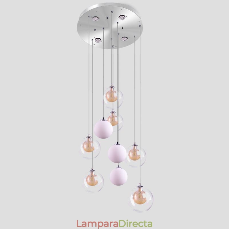 Lámpara colgante de techo de cristal en racimo, níquel dorado cepillado y bola de cristal lechoso