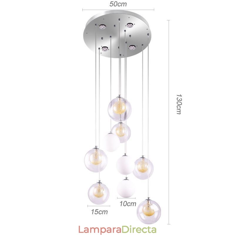 Lámpara colgante de techo de cristal en racimo, níquel dorado cepillado y bola de cristal lechoso
