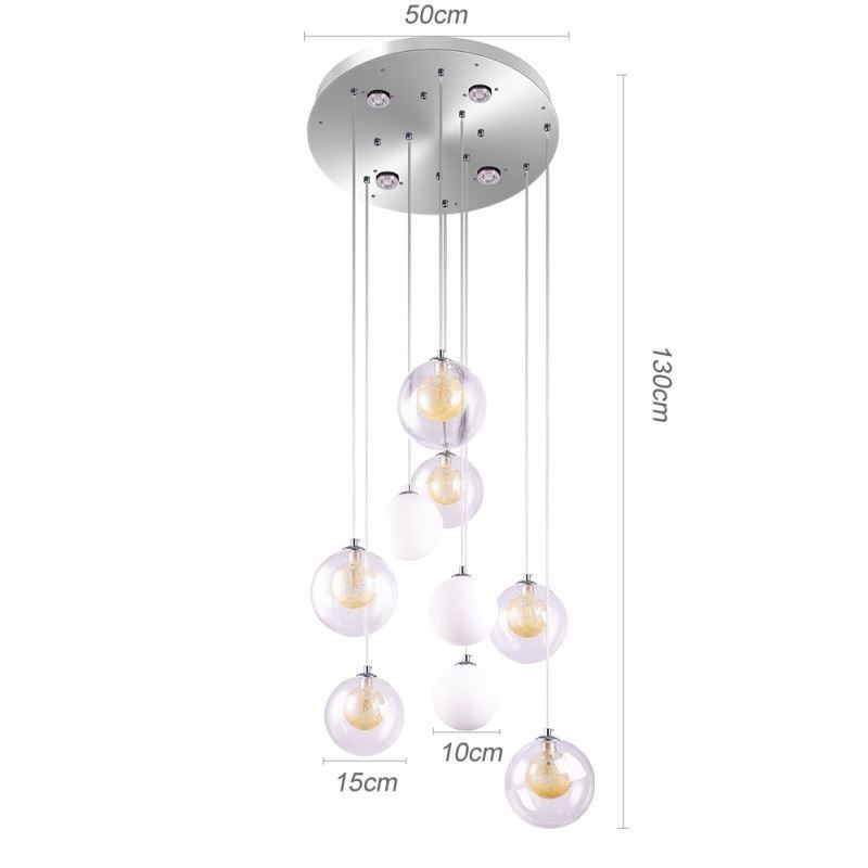 Lámpara colgante de techo de cristal en racimo, níquel dorado cepillado y bola de cristal lechoso