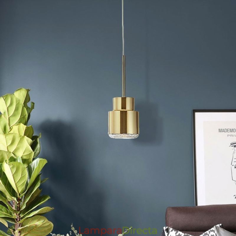 Lámpara colgante de vidrio posmoderno, lámpara cilíndrica dorada, iluminación brillante.