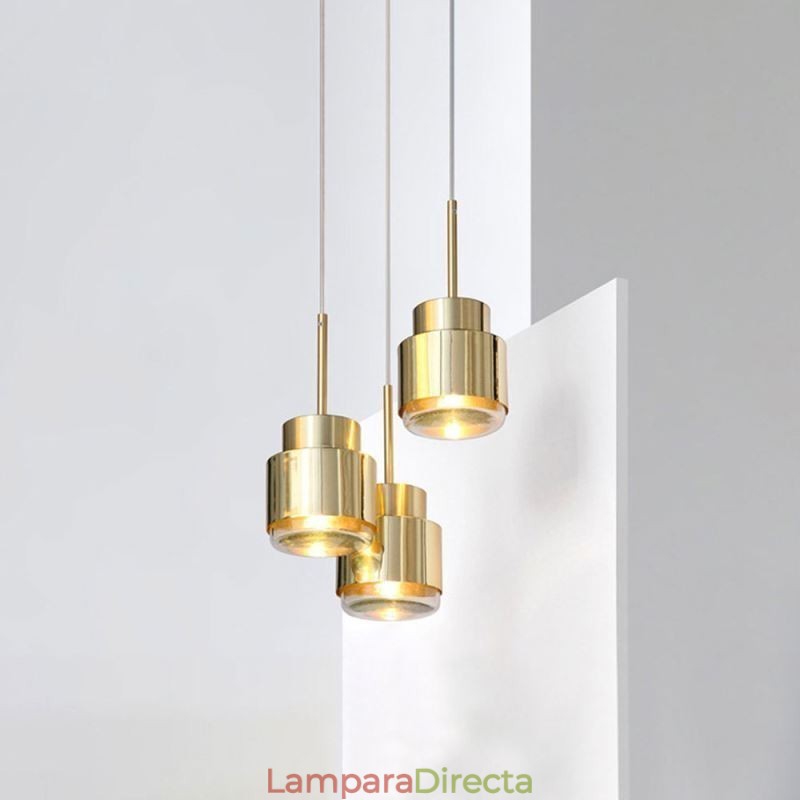 Lámpara colgante de vidrio posmoderno, lámpara cilíndrica dorada, iluminación brillante.
