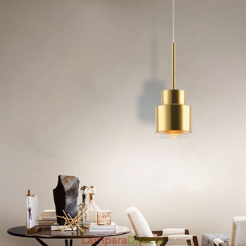 Lámpara colgante de vidrio posmoderno, lámpara cilíndrica dorada, iluminación brillante.