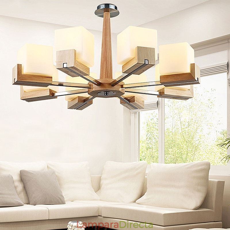 Lámpara colgante nórdica de madera con pantalla de cristal