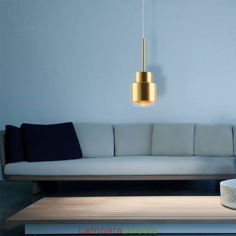Lámpara colgante de vidrio posmoderno, lámpara cilíndrica dorada, iluminación brillante.