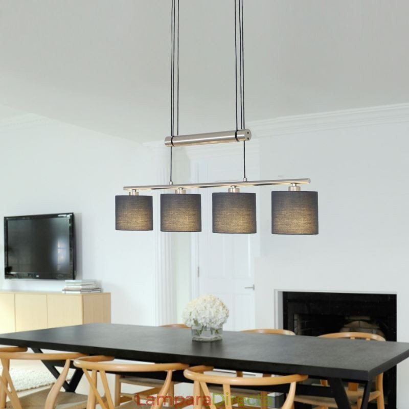 Lámpara colgante moderna de 4 luces con pantalla de tela y altura ajustable