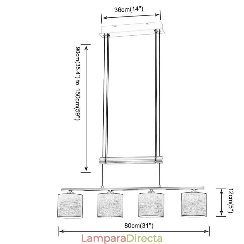 Lámpara colgante moderna de 4 luces con pantalla de tela y altura ajustable