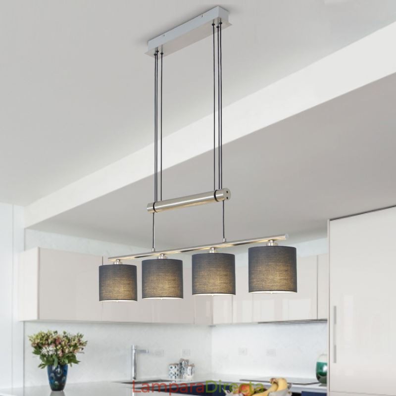 Lámpara colgante moderna de 4 luces con pantalla de tela y altura ajustable