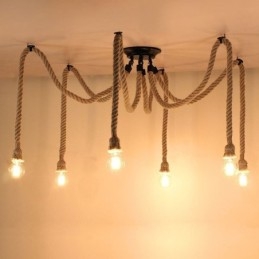 Lámpara colgante de cuerda de cáñamo de estilo retro de 6 y 10 cabezas, lámpara de techo vintage