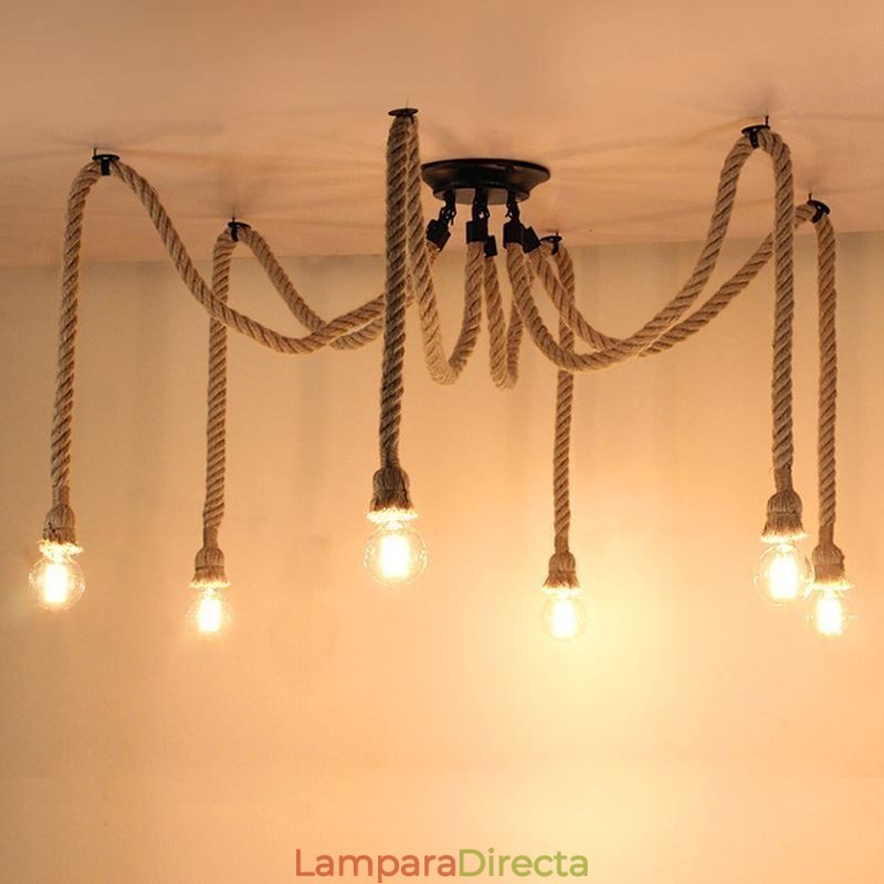 Lámpara colgante de cuerda de cáñamo de estilo retro de 6 y 10 cabezas, lámpara de techo vintage