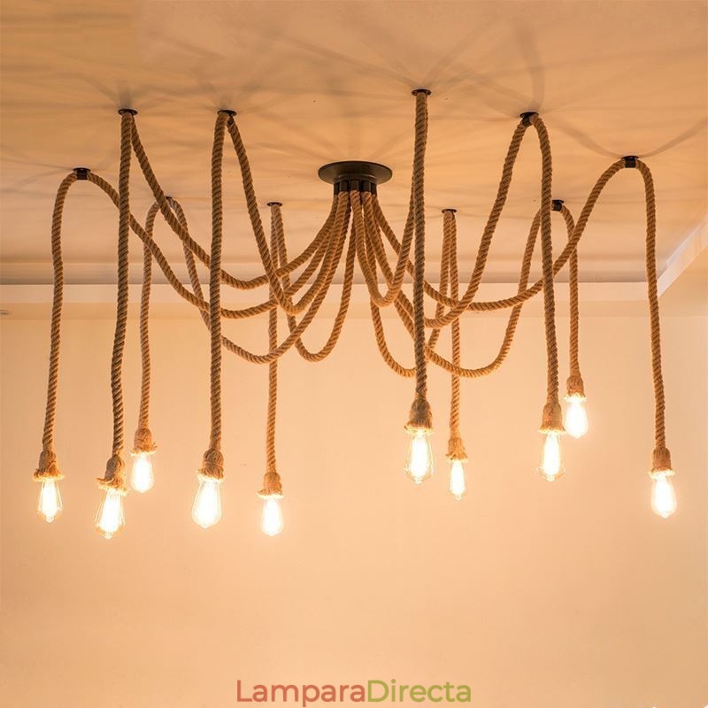 Lámpara colgante de cuerda de cáñamo de estilo retro de 6 y 10 cabezas, lámpara de techo vintage