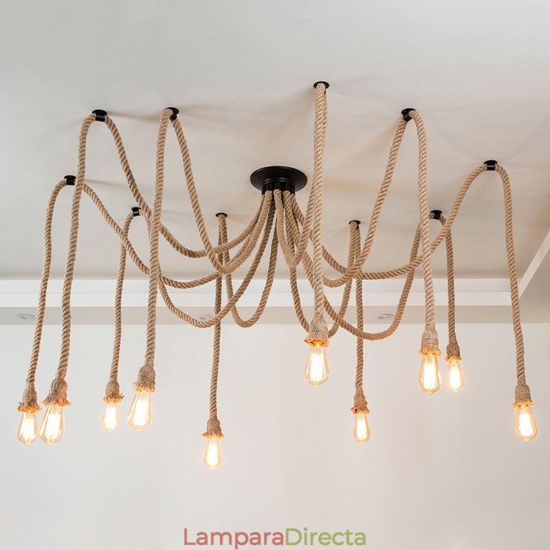 Lámpara colgante de cuerda de cáñamo de estilo retro de 6 y 10 cabezas, lámpara de techo vintage