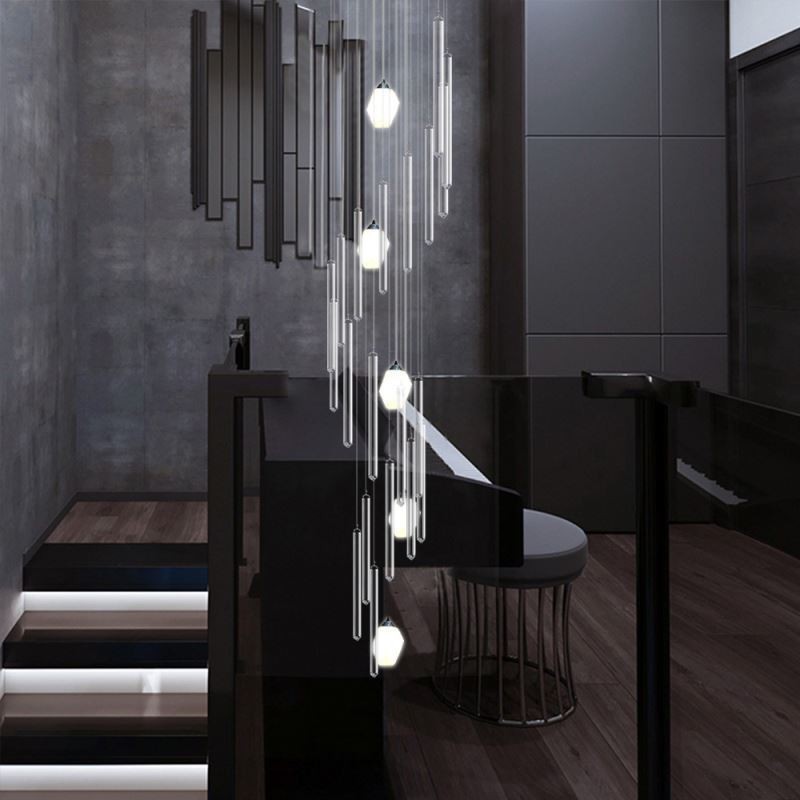 Lámpara colgante de racimo moderna de gran tamaño, lámpara colgante de cristal, escalera dúplex