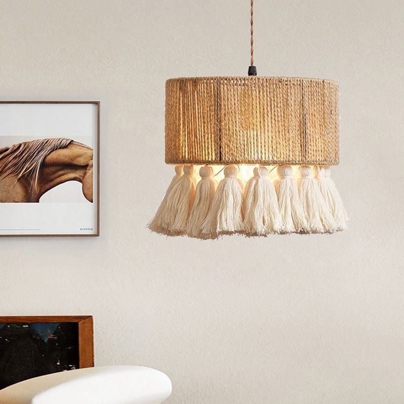 Lámpara colgante de cuerda de cáñamo con borlas para techo, decoración retro