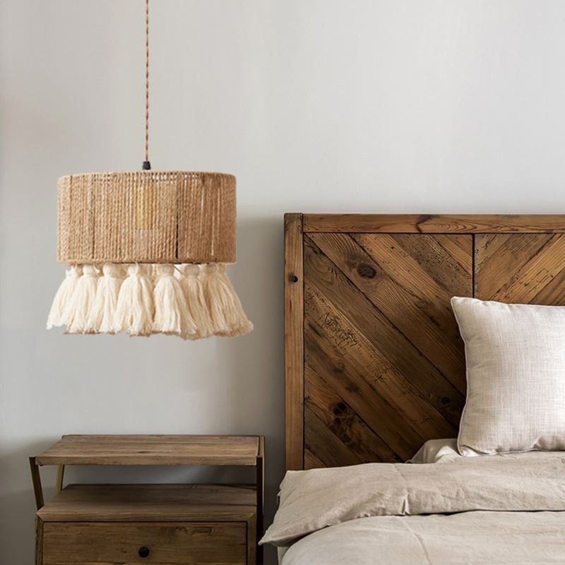 Lámpara colgante de cuerda de cáñamo con borlas para techo, decoración retro