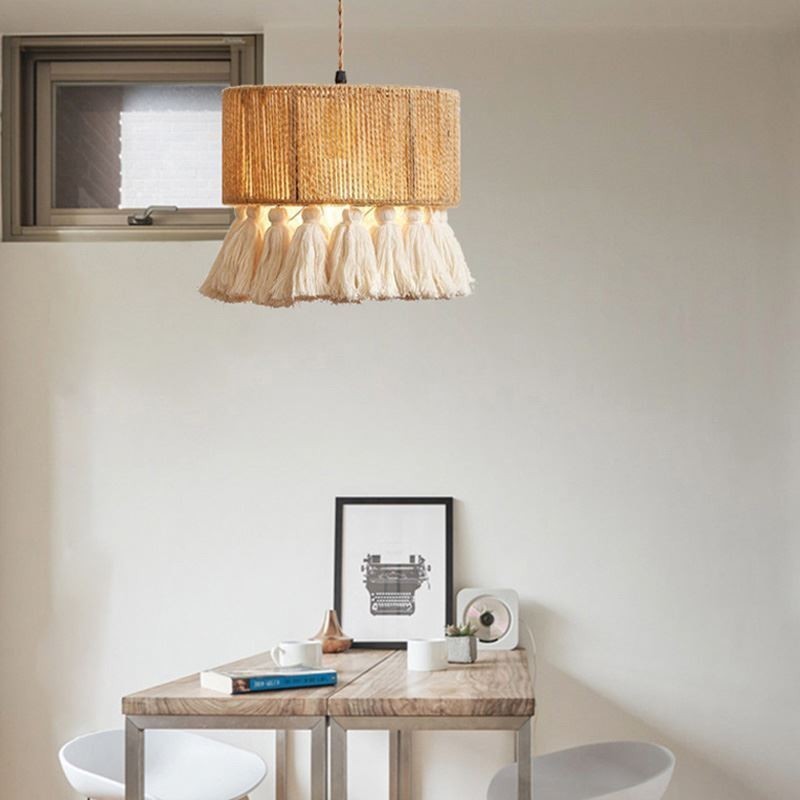 Lámpara colgante de cuerda de cáñamo con borlas para techo, decoración retro