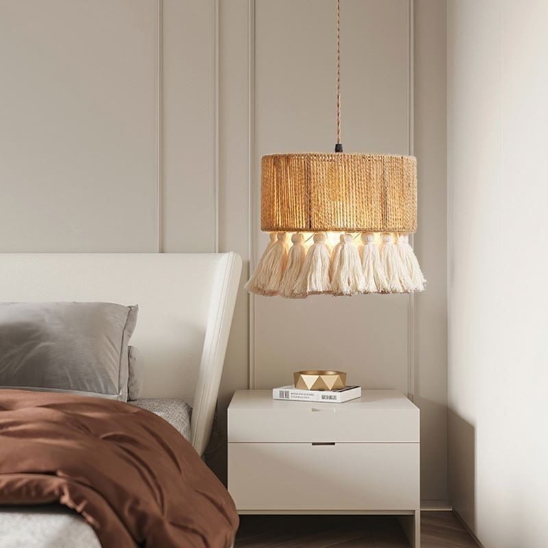 Lámpara colgante de cuerda de cáñamo con borlas para techo, decoración retro