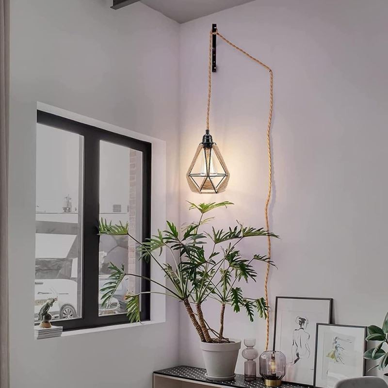 Lámpara colgante retro de cuerda de cáñamo, luz de techo, cable colgante de 5 m