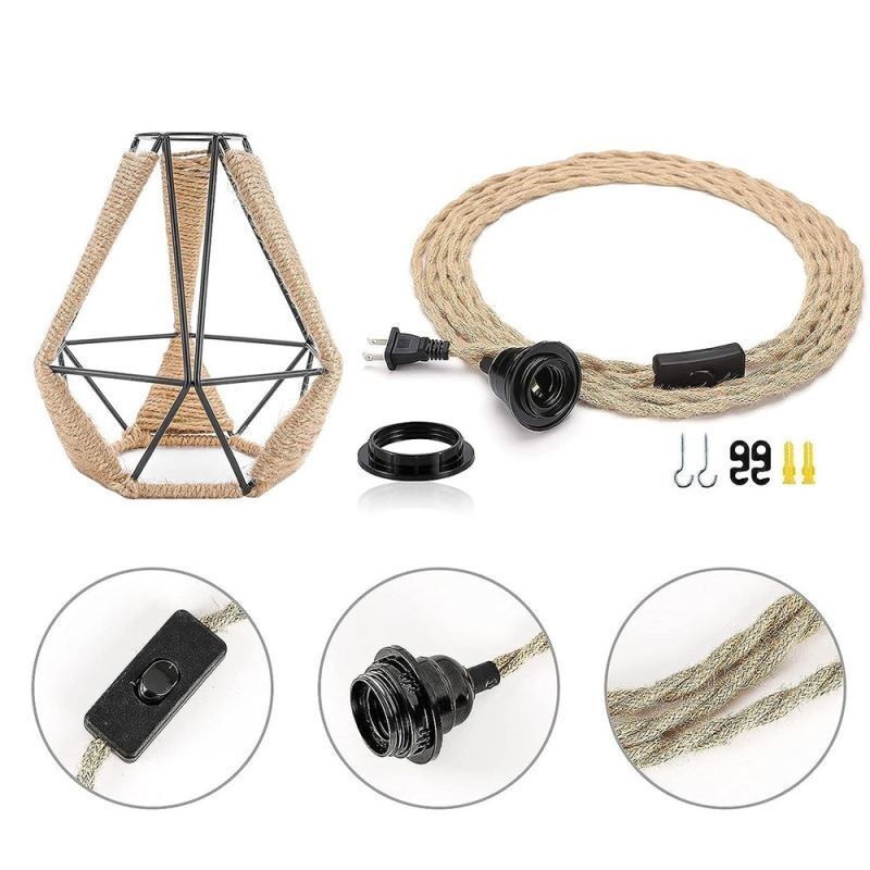 Lámpara colgante retro de cuerda de cáñamo, luz de techo, cable colgante de 5 m