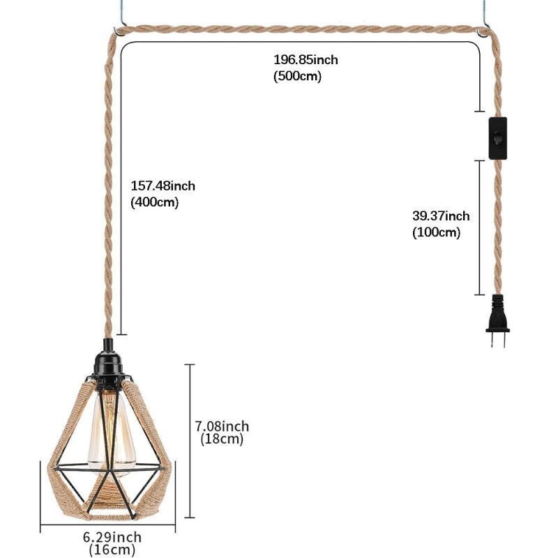 Lámpara colgante retro de cuerda de cáñamo, luz de techo, cable colgante de 5 m