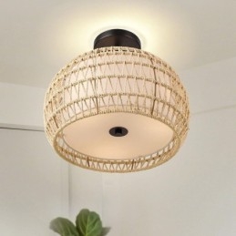 Lámpara de techo empotrada de tela con cuerda de papel, redonda, de 32 cm y 3 luces