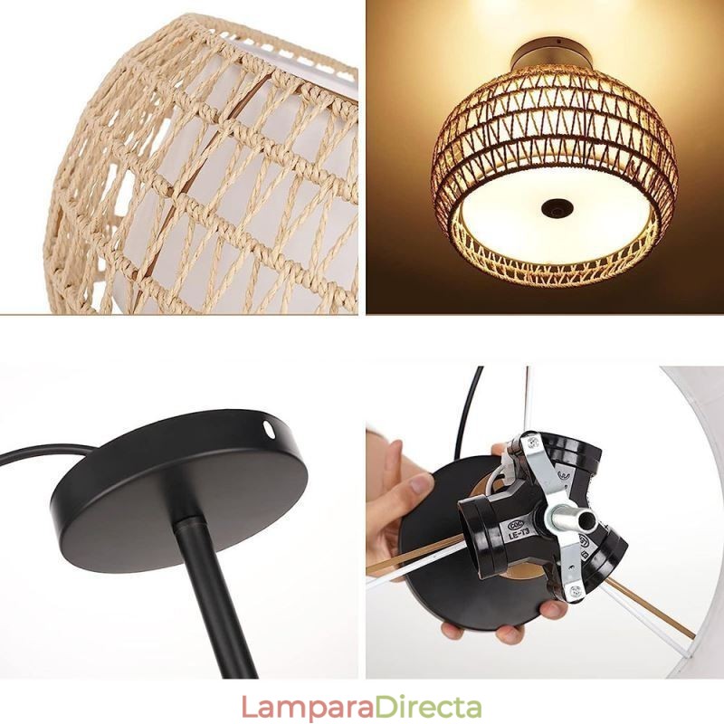 Lámpara de techo empotrada de tela con cuerda de papel, redonda, de 32 cm y 3 luces
