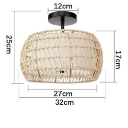 Lámpara de techo empotrada de tela con cuerda de papel, redonda, de 32 cm y 3 luces