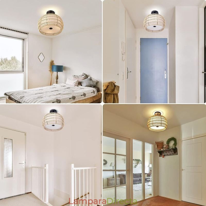 Lámpara de techo empotrada de tela con cuerda de papel, redonda, de 32 cm y 3 luces