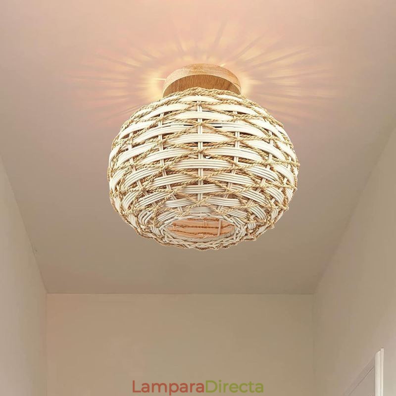 Pantalla de lámpara de ratán tejido con cuerda de papel y montaje empotrado en color madera y calabaza