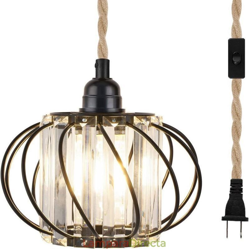 Lámpara de techo estilo retro campestre con cuerda de cáñamo y hierro, lámpara colgante para mesita de noche con enchufe