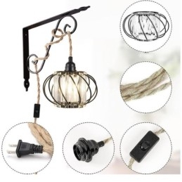 Lámpara de techo estilo retro campestre con cuerda de cáñamo y hierro, lámpara colgante para mesita de noche con enchufe
