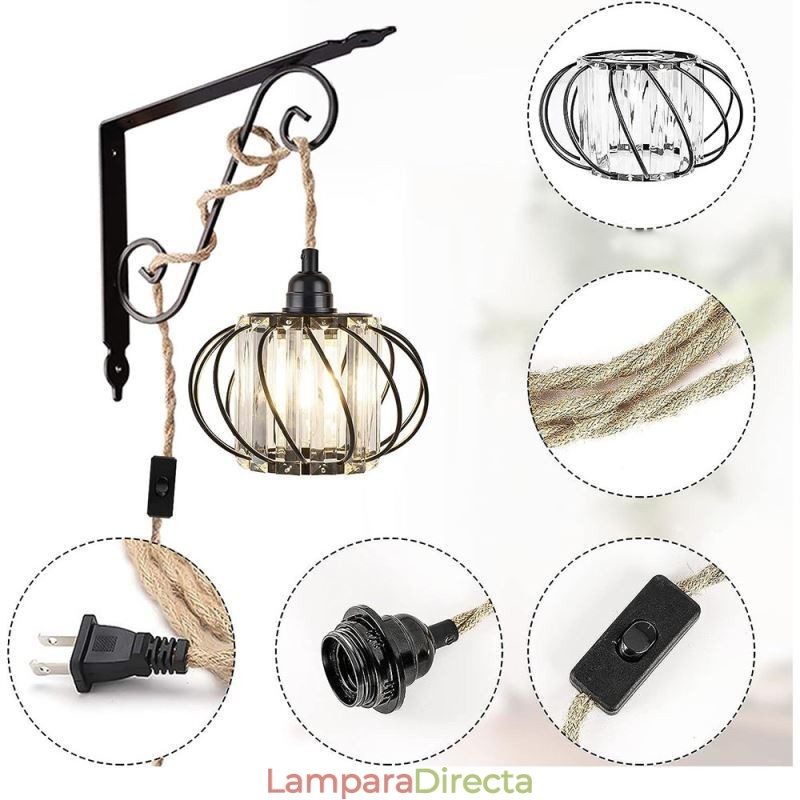 Lámpara de techo estilo retro campestre con cuerda de cáñamo y hierro, lámpara colgante para mesita de noche con enchufe