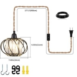 Lámpara de techo estilo retro campestre con cuerda de cáñamo y hierro, lámpara colgante para mesita de noche con enchufe