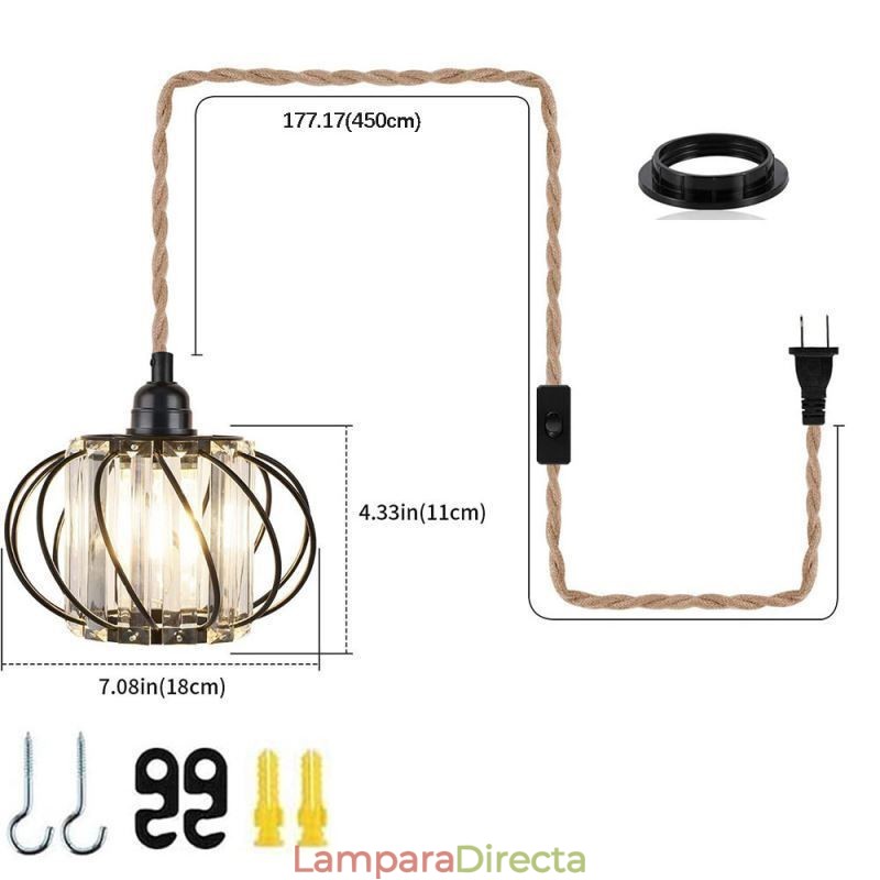 Lámpara de techo estilo retro campestre con cuerda de cáñamo y hierro, lámpara colgante para mesita de noche con enchufe