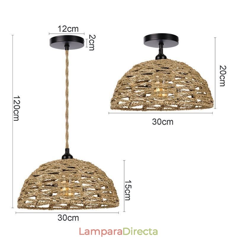 Lámpara colgante retro de estilo campestre con pantalla de cuerda de papel tejida a mano de 30 cm