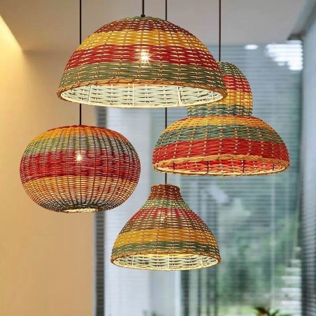 Lámpara colgante de bambú y ratán con rayas de colores, pantalla tejida a mano, lámpara de techo Lámpara colgante de bambú y ratán con rayas de colores, pantalla tejida a mano, lámpara de techo