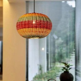 Lámpara colgante de bambú y ratán con rayas de colores, pantalla tejida a mano, lámpara de techo
