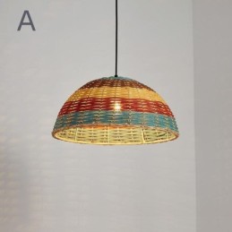 Lámpara colgante de bambú y ratán con rayas de colores, pantalla tejida a mano, lámpara de techo