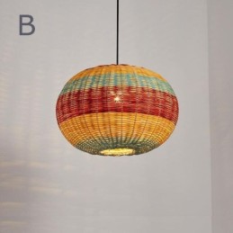 Lámpara colgante de bambú y ratán con rayas de colores, pantalla tejida a mano, lámpara de techo