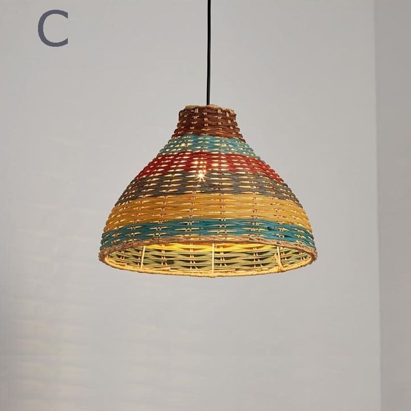 Lámpara colgante de bambú y ratán con rayas de colores, pantalla tejida a mano, lámpara de techo