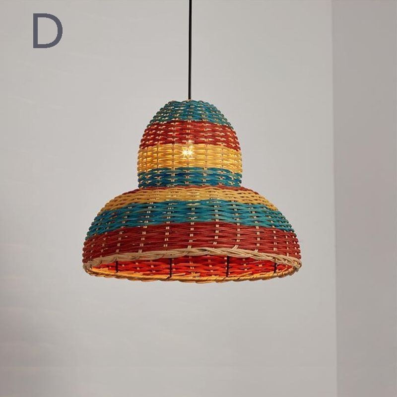 Lámpara colgante de bambú y ratán con rayas de colores, pantalla tejida a mano, lámpara de techo