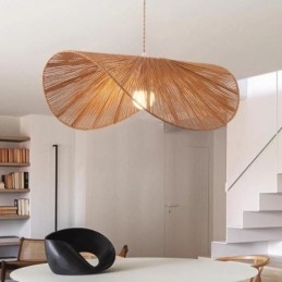 Lámpara colgante retro creativa con forma de sombrero de paja Wabi Sabi y cuerda de cáñamo.