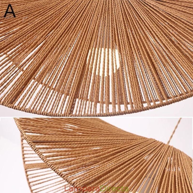 Lámpara colgante retro creativa con forma de sombrero de paja Wabi Sabi y cuerda de cáñamo.
