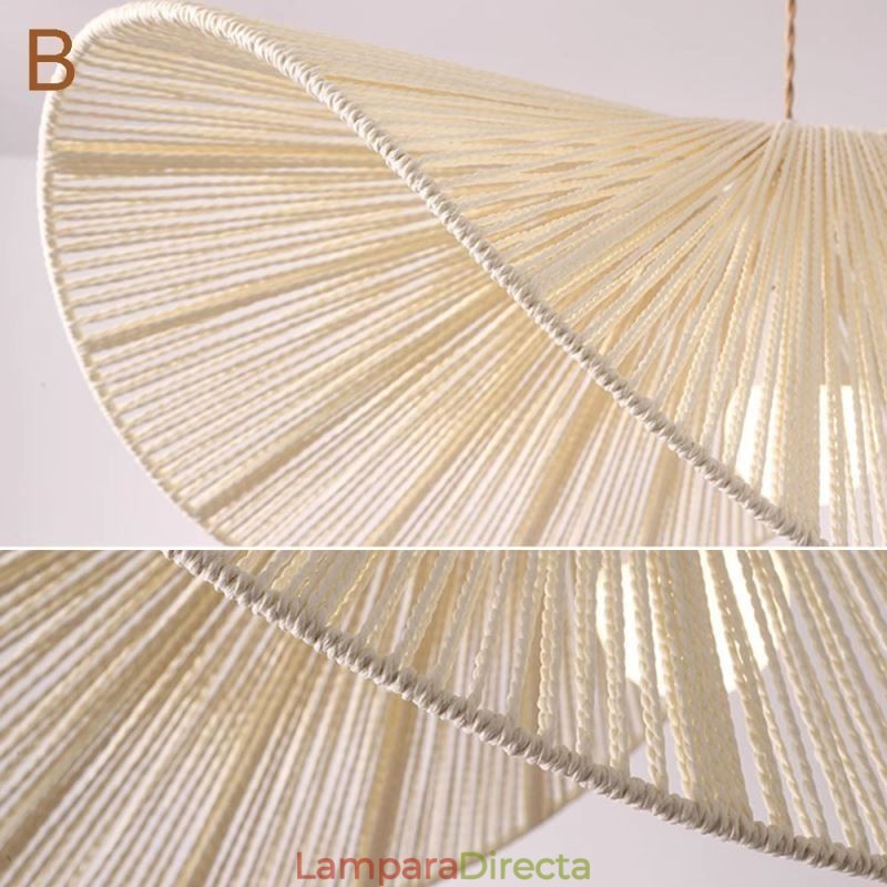 Lámpara colgante retro creativa con forma de sombrero de paja Wabi Sabi y cuerda de cáñamo.
