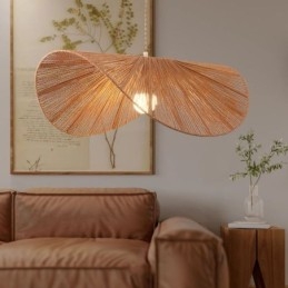 Lámpara colgante retro creativa con forma de sombrero de paja Wabi Sabi y cuerda de cáñamo.