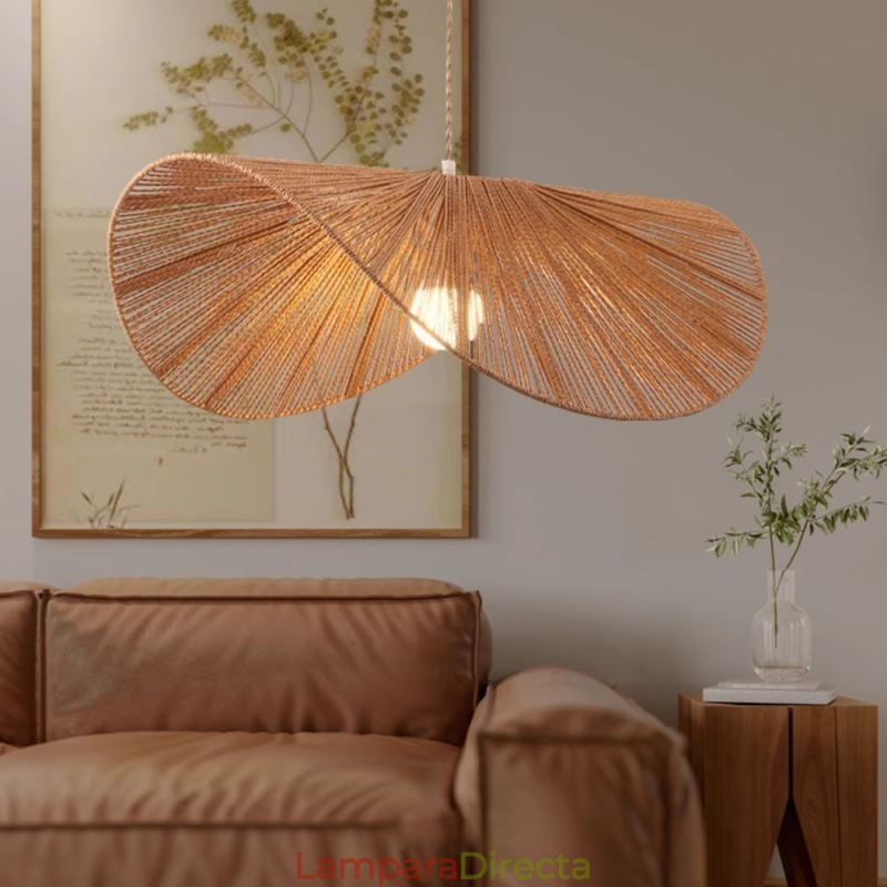 Lámpara colgante retro creativa con forma de sombrero de paja Wabi Sabi y cuerda de cáñamo.