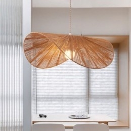 Lámpara colgante retro creativa con forma de sombrero de paja Wabi Sabi y cuerda de cáñamo.