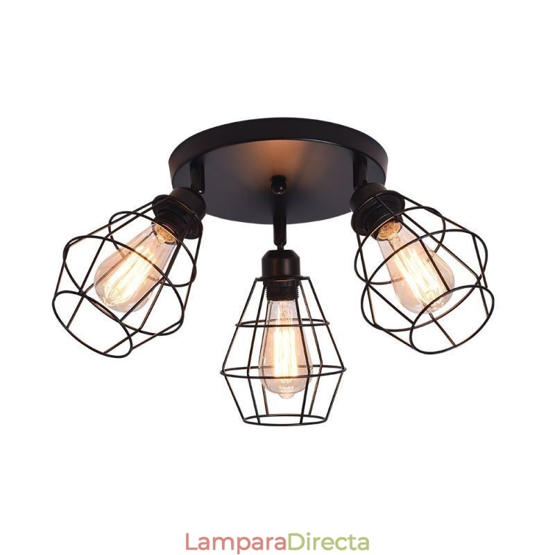 Lámpara de techo industrial empotrada de 3 luces con jaula metálica