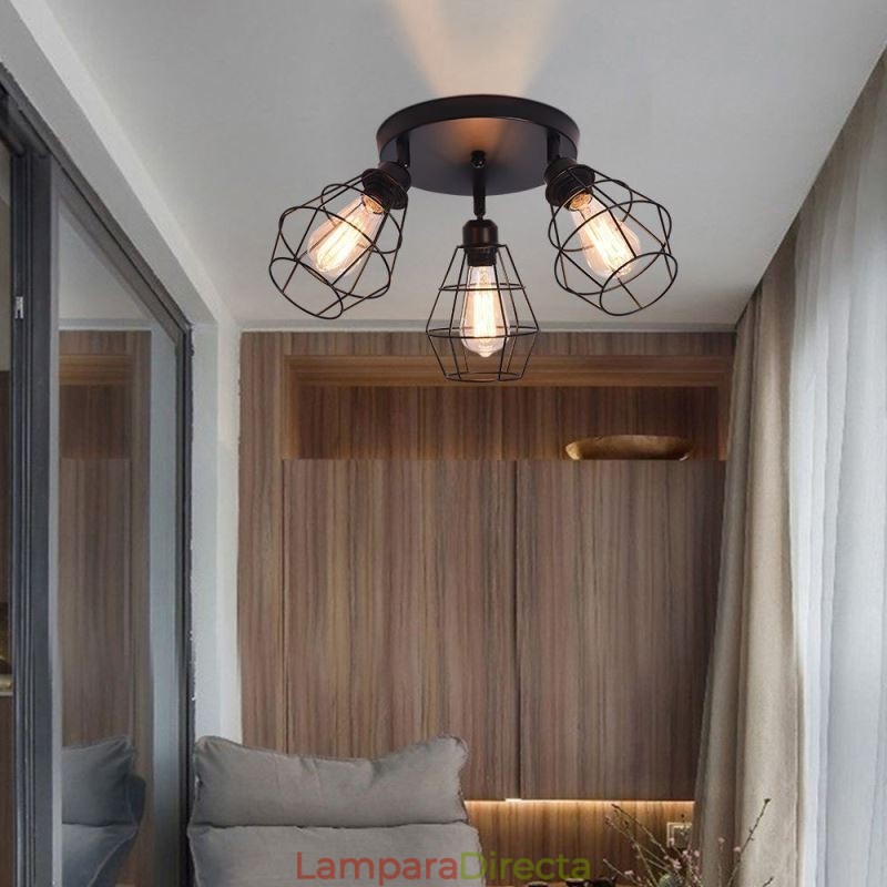 Lámpara de techo industrial empotrada de 3 luces con jaula metálica