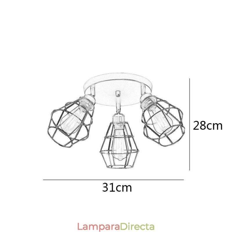 Lámpara de techo industrial empotrada de 3 luces con jaula metálica