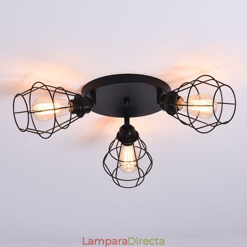 Lámpara de techo industrial empotrada de 3 luces con jaula metálica